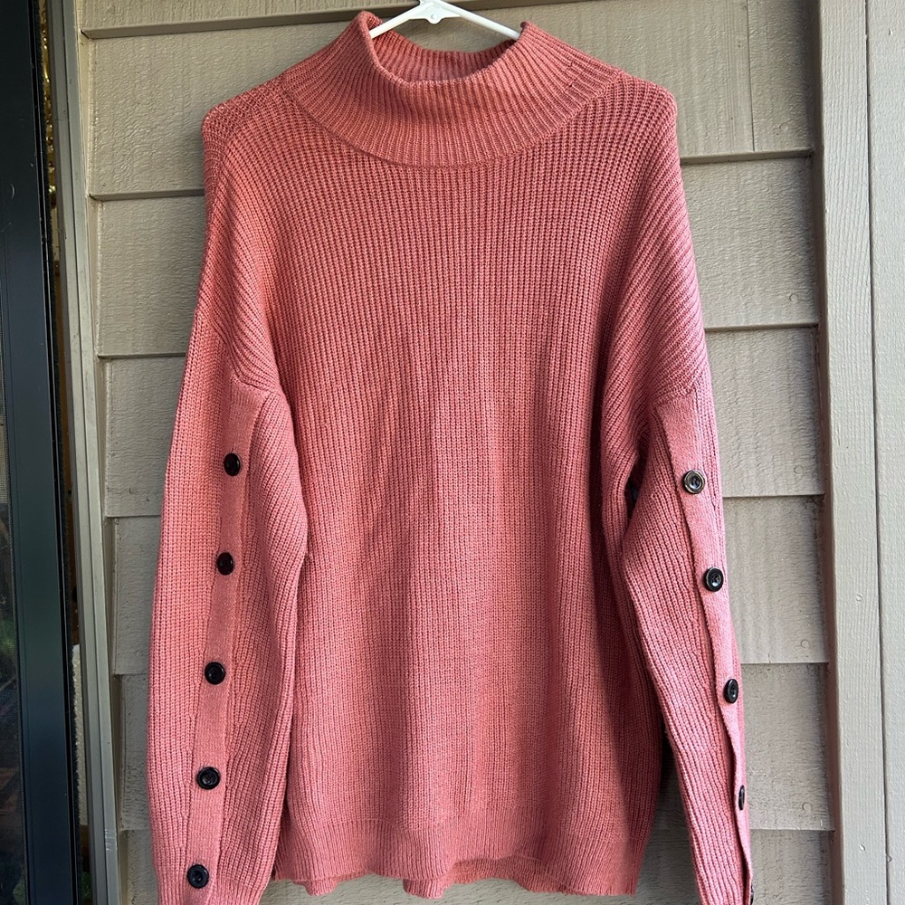 E Pretty Chicago sweater peach tone high collar, soft button trim sleeves